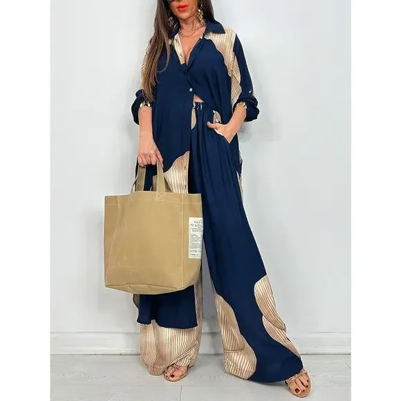 Luxury Blue Colorblock Satin Lounge Oversized Button-Down Shirt & Wide-Leg Pants - Picture 2 of 12